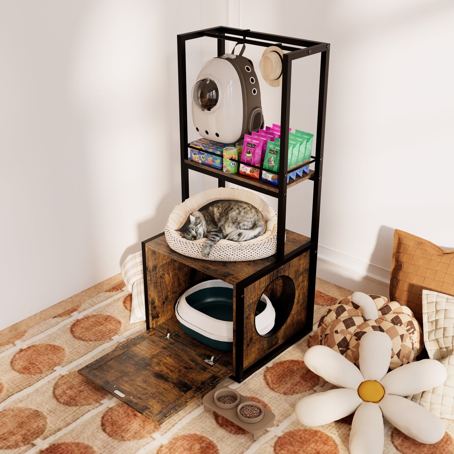 55"Refined Litter Box Enclosure with Storage Shelves and 2 Hanging Clothes Rack, 4-in-1 Hidden Cat Litter Box Enclosure Furniture with Shelf, Reversible Entrance,Rustic Brown