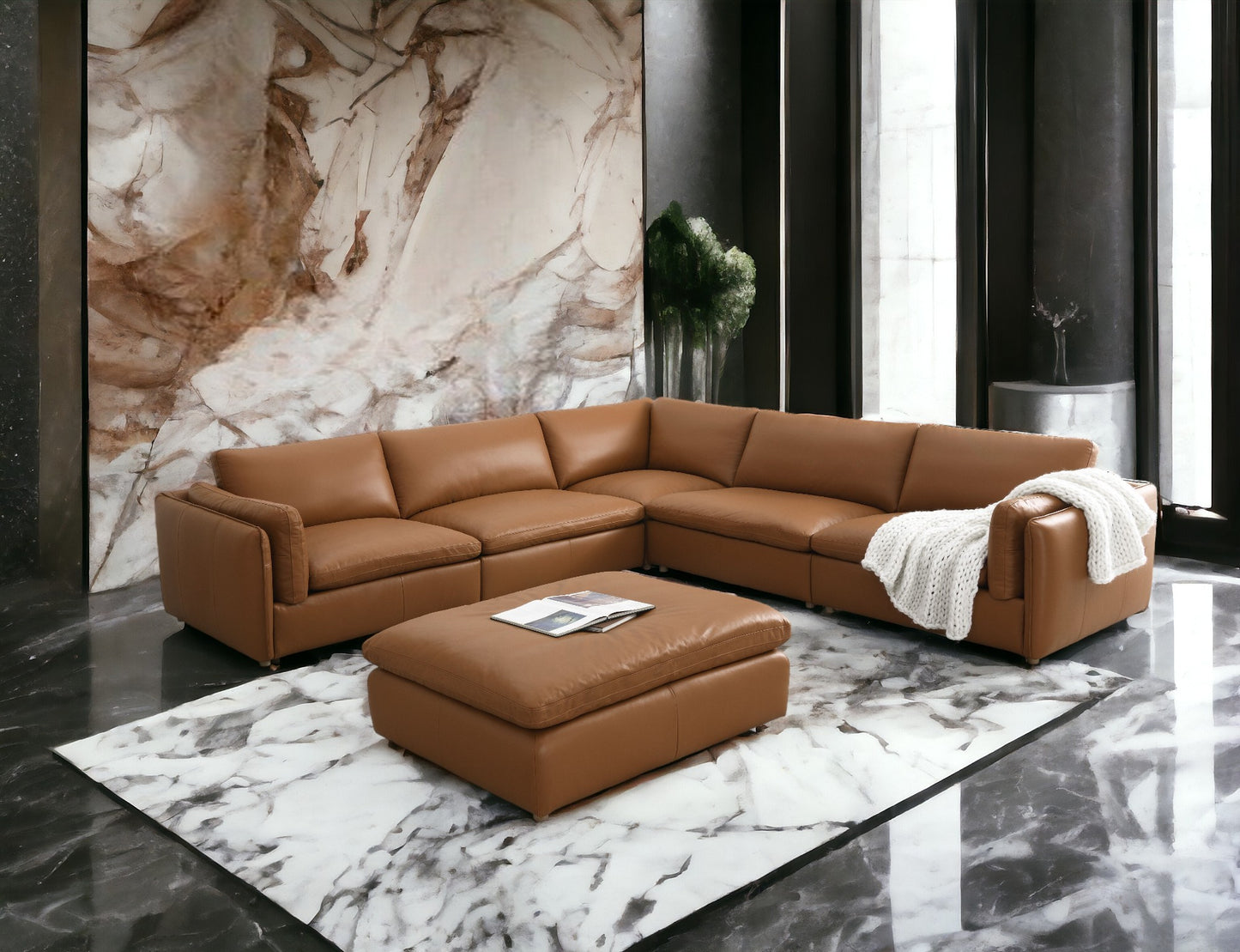 Brighton Top Grain Leather 6 Pieces Modular Sectional with 1 Ottoman