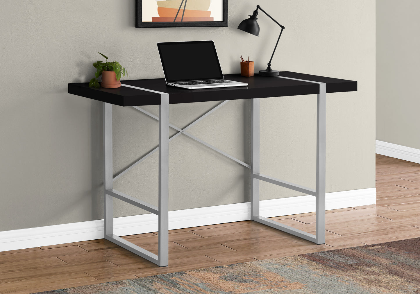 Computer Desk, Home Office, Laptop, 48"l, Work, Black Laminate, Grey Metal, Contemporary, Modern