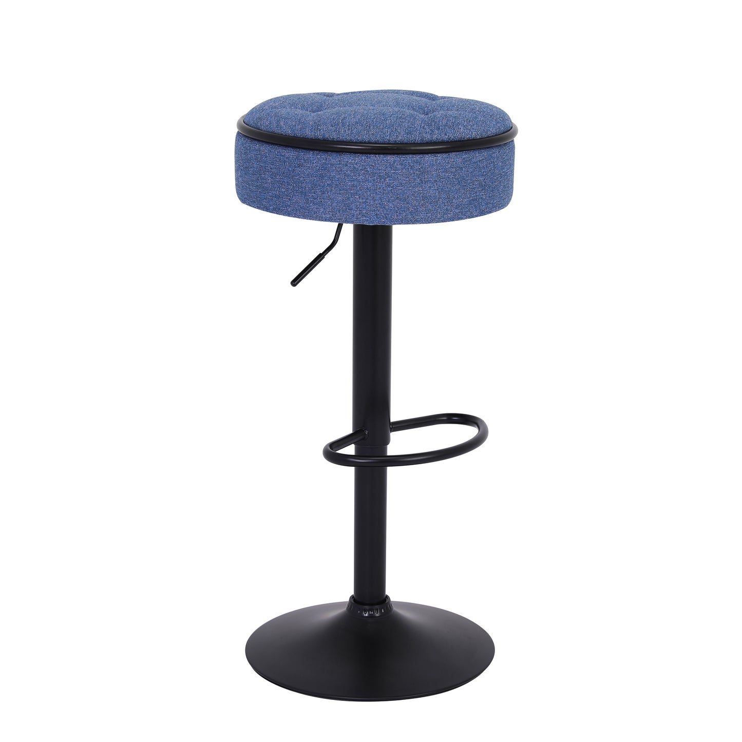 Round Storage Bar Stool Set of 2, Blue Linen Height Adjustable Barstool, 360°Counter Height Swivel Stool, Armless Bar Chair with Metal Frame for Kitchen Counter Dining Living Room