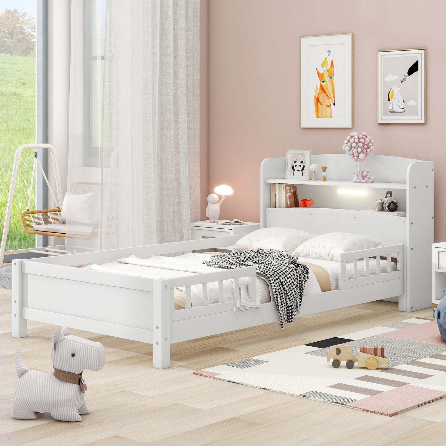 Wood Twin Size Platform Bed with Built-in LED Light, Storage Headboard and Guardrail, White