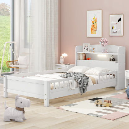 Wood Twin Size Platform Bed with Built-in LED Light, Storage Headboard and Guardrail, White