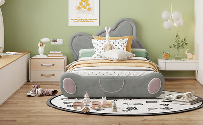 Twin Size Velvet Platform Bed with Bear-Shaped Headboard, with Bed-End Storage Pocket, Gray