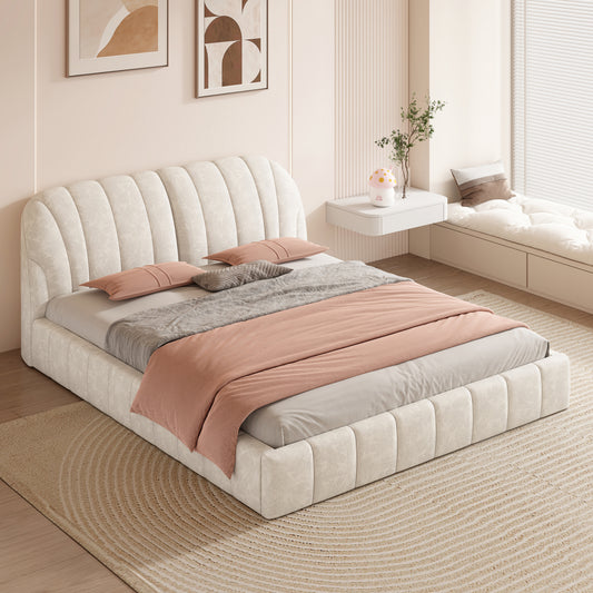 Queen Size Upholstered Platform Bed with Thick Fabric, Polyester, Beige