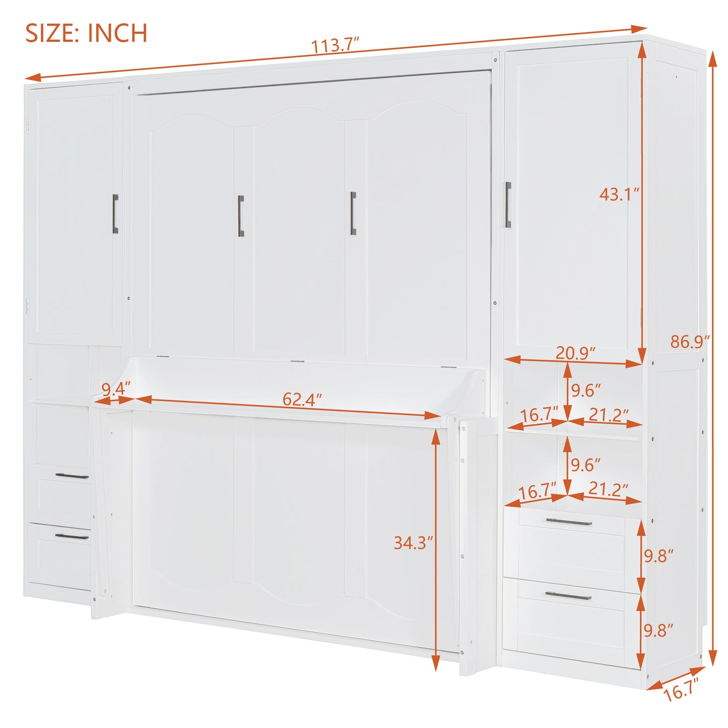 Queen Size Murphy Bed Wall Bed with Closet ,Drawers and Shelves,White