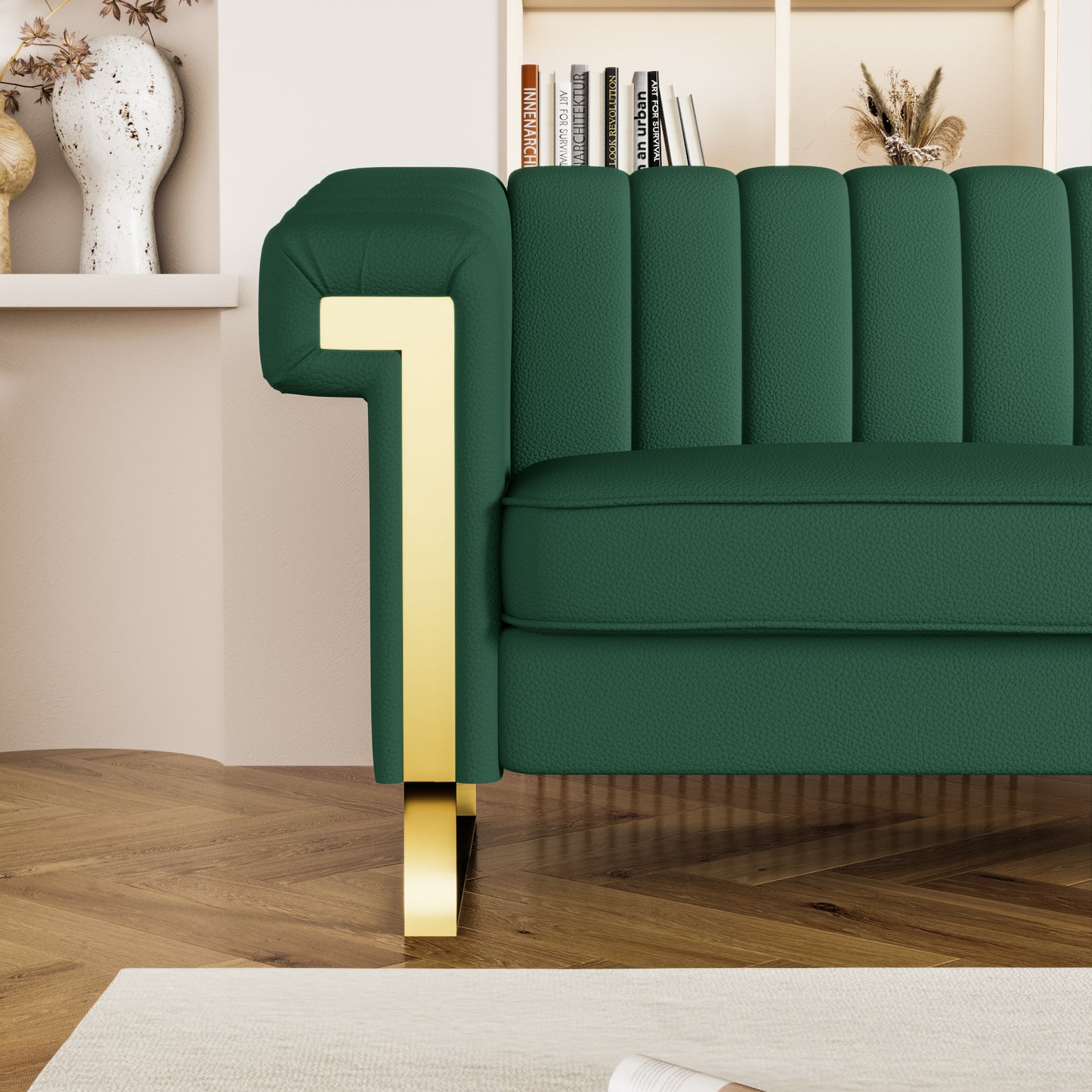 FX-P81PU-GR SOFA  Modern Green PU  Sofa with Gold Accents - Sleek Channel-Tufted Upholstery, 3-Seat Couch for Living Room and Office Decor(TEMU Suitable)