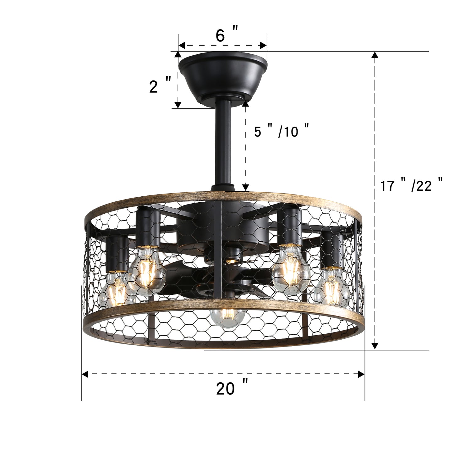 20 Inch Industrial Caged Ceiling Fan With 7-ABS Blades Remote Control, Small Ceiling Fan Reversible DC Motor