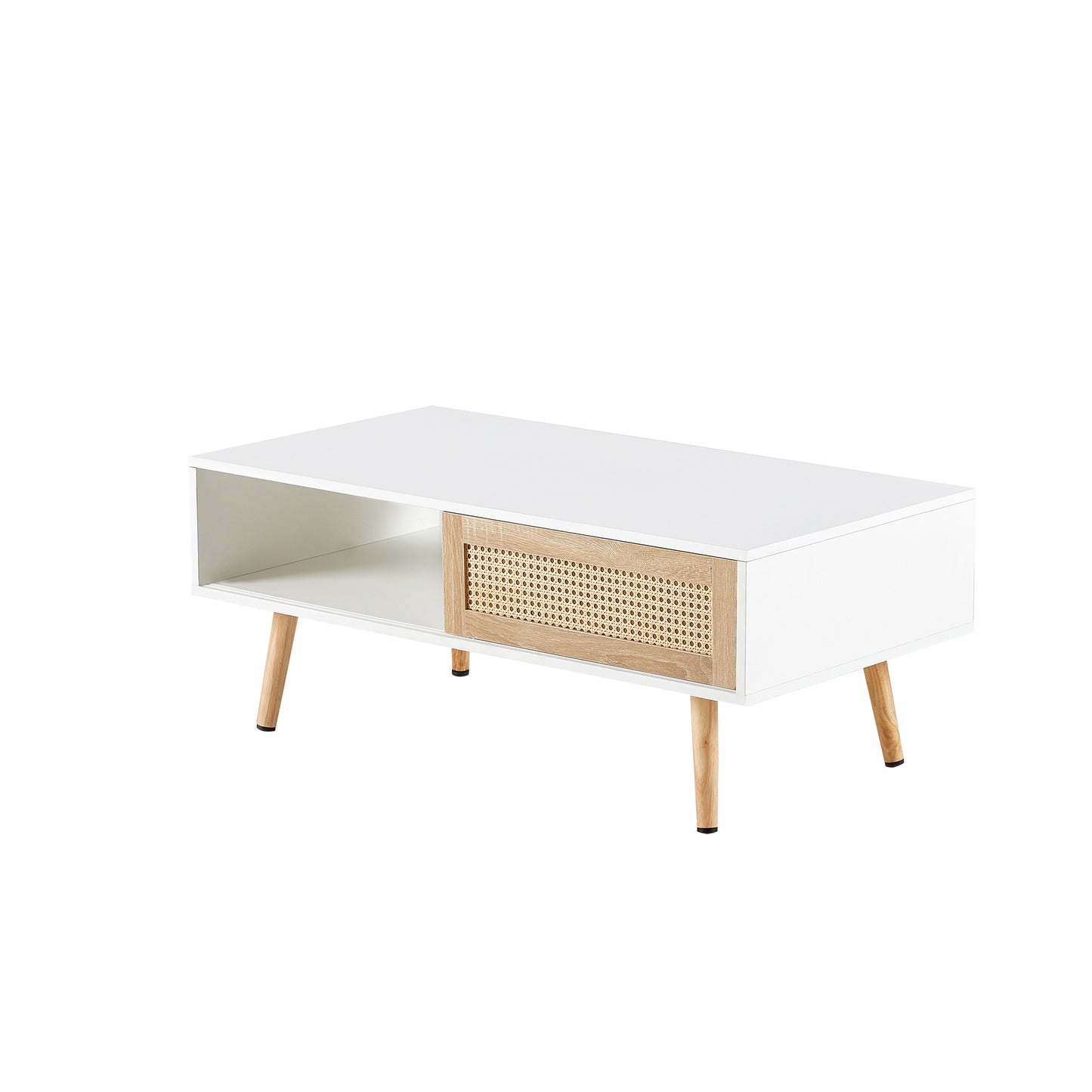 41.34" Rattan Coffee table, sliding door for storage, solid wood legs, Modern table  for living room ,White