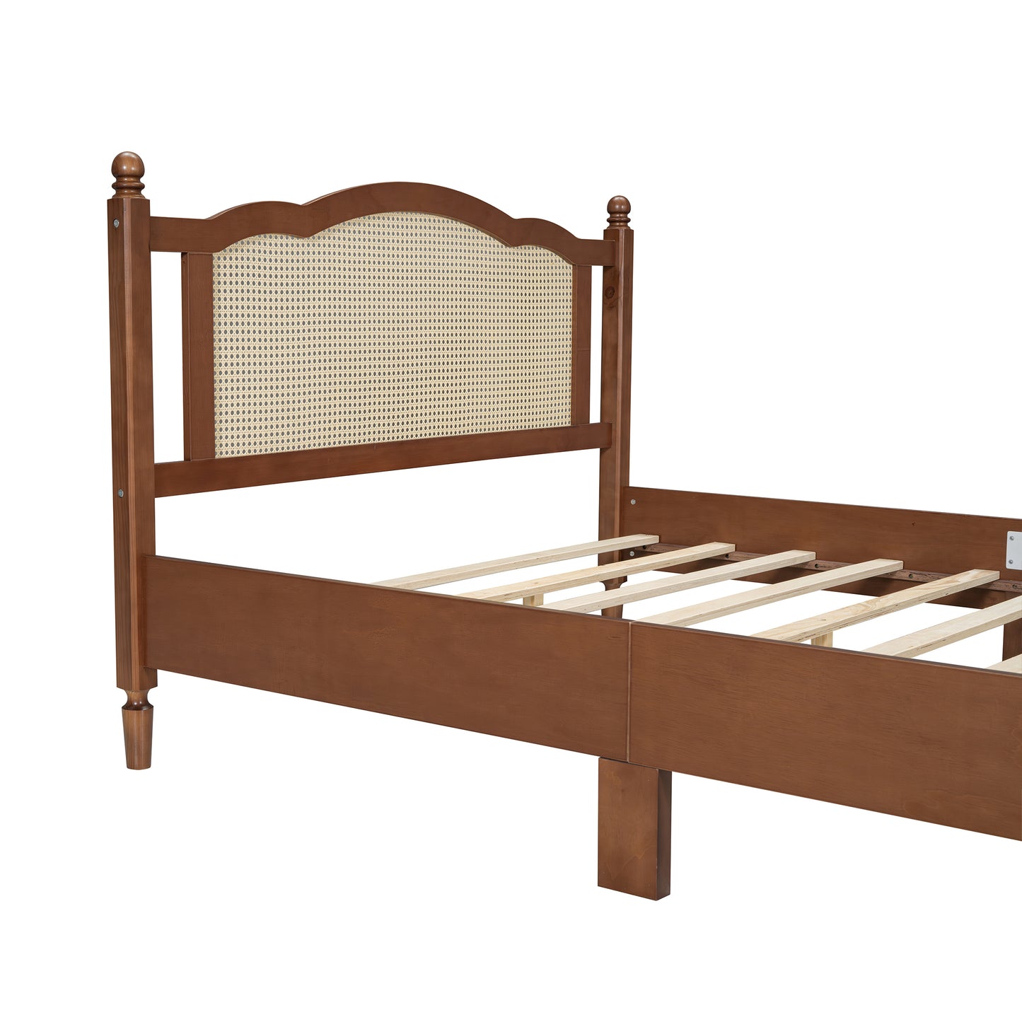 Queen Size Wooden Platform Bed with Natural Rattan Headboard, Vintage Bed Frame with Wooden Slat Support, Walnut