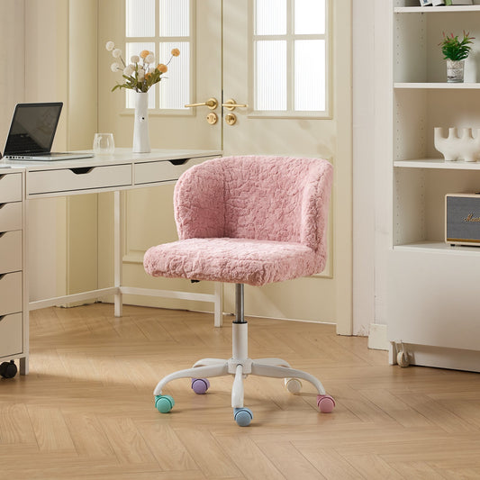 A&A Furniture Office Chair,Artificial rabbit hair Home Office Chair with Metal Base,Adjustable Desk Chair Swivel Office Chair,Vanity Chair(Pink)