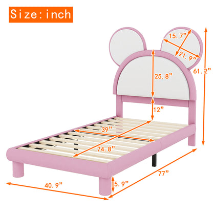 Twin Size Upholstered Platform Bed with Cartoon Ears Shaped Headboard and LED, White&Pink