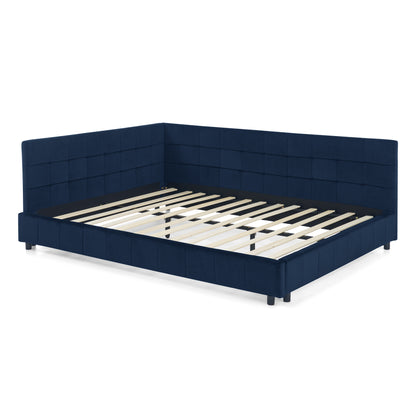 Queen Size Upholstered Tufted Bed Frame, Sofa Bed Frame with Comfortable Backrest and Armrests, Queen Size Bed for Bedroom, Living Room,Velvet, DARK BLUE(85.5''*64.5''*30.5'')