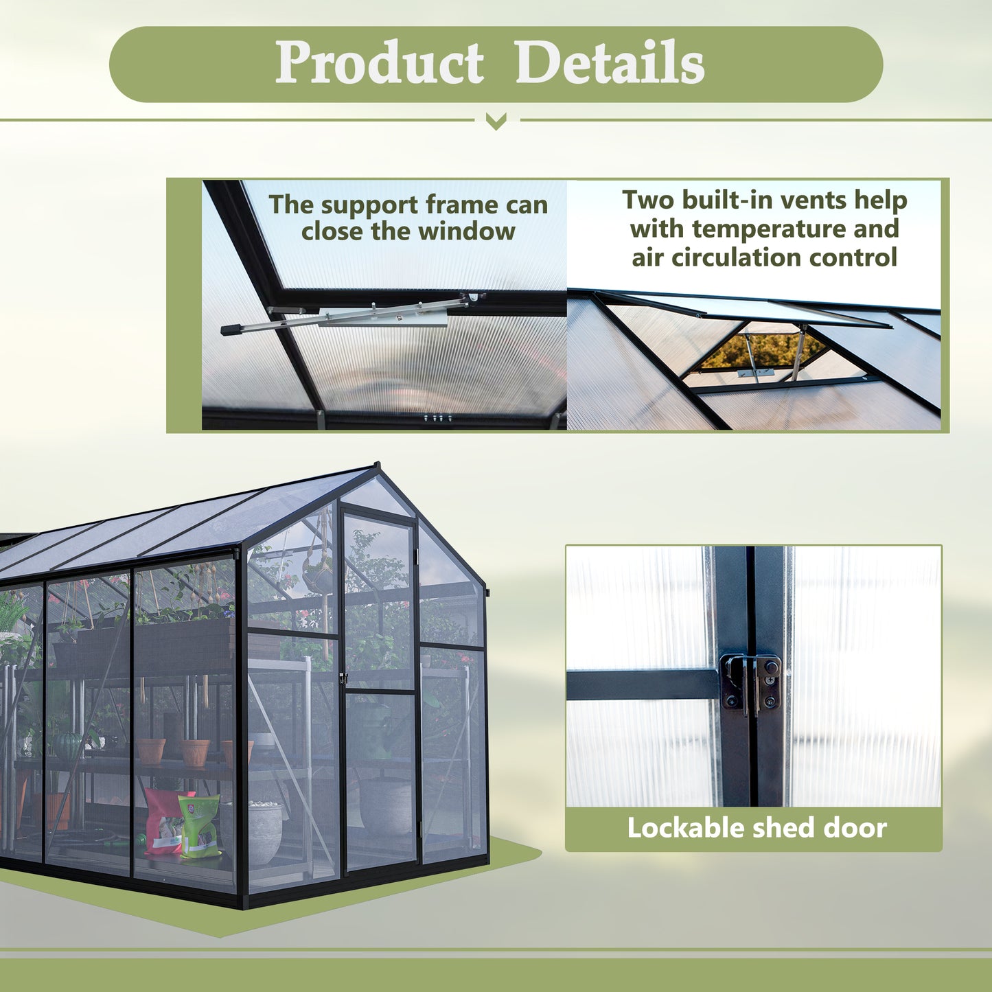 6' x 12' Thicked Polycarbonate Greenhouse, Greenhouse with Double Flush Door, Rain Gutter and Ventilation Window, Green House for Sunroom, Garden, Backyard, Walk-in Large Winter Greenhouse