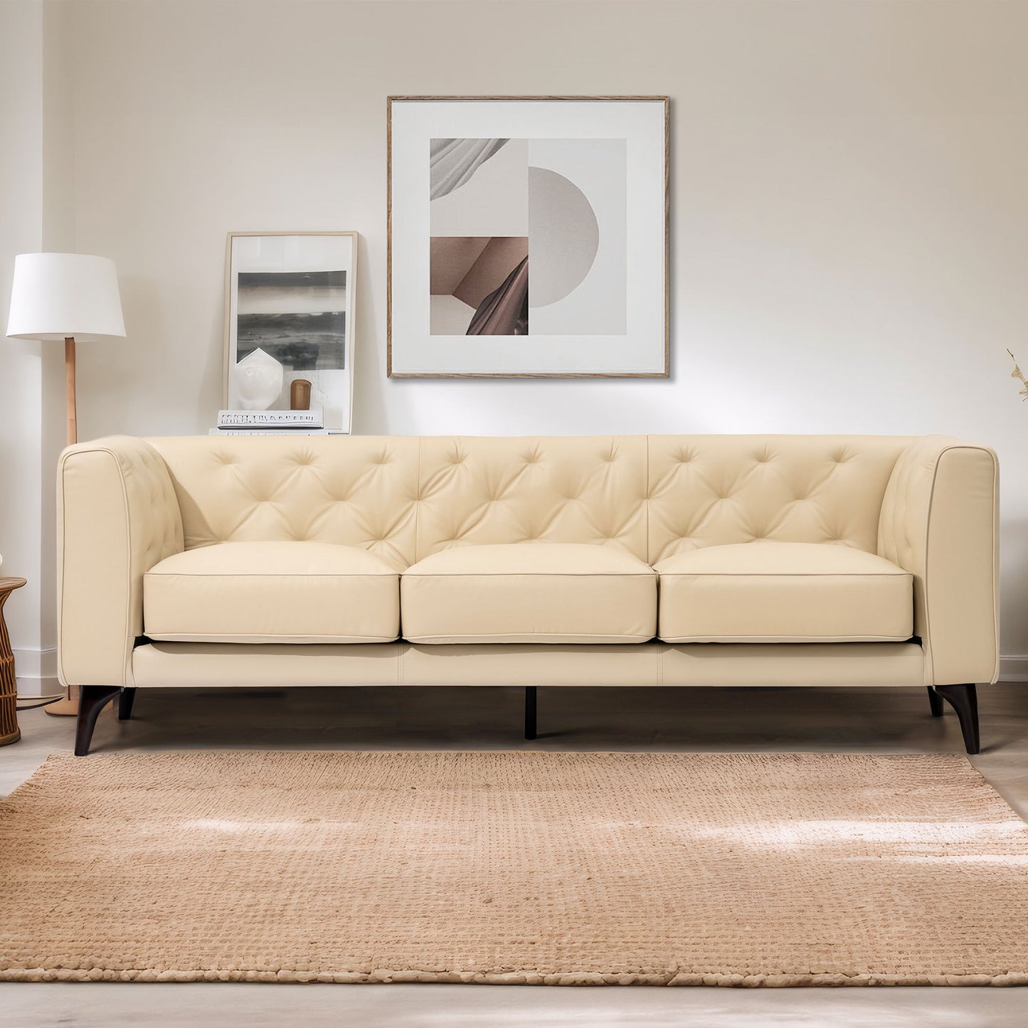 92.52 Inch Genuine Leather Couch 3-Seater Sofa with Tufted Back,Grain Leather Couch with Feather,Comfy Sofa for Living Room Apartment, Comfy Sofa Couch with Extra Deep Seats,Beige