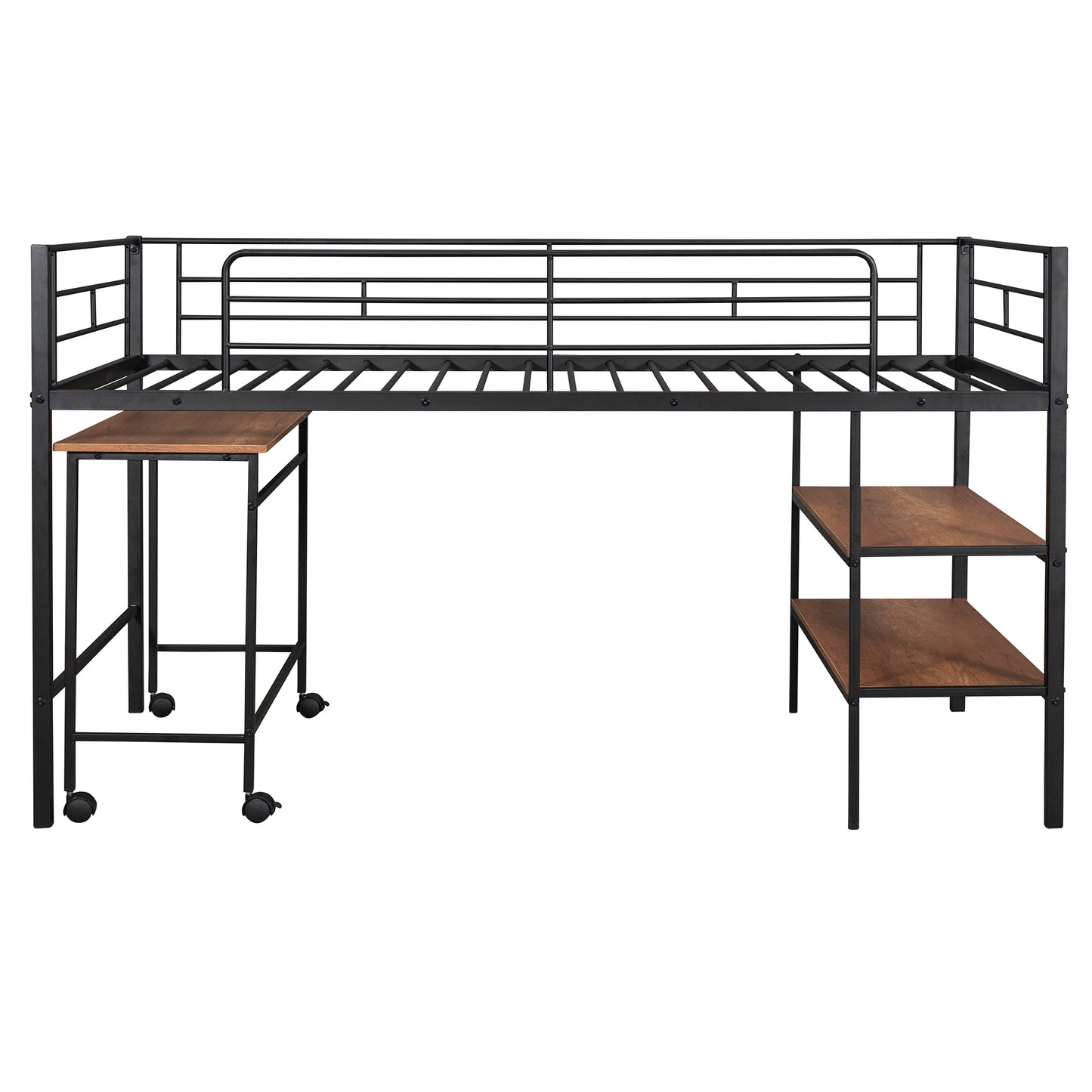 Twin Size Metal Loft Bed with Desk and Shelves,Black