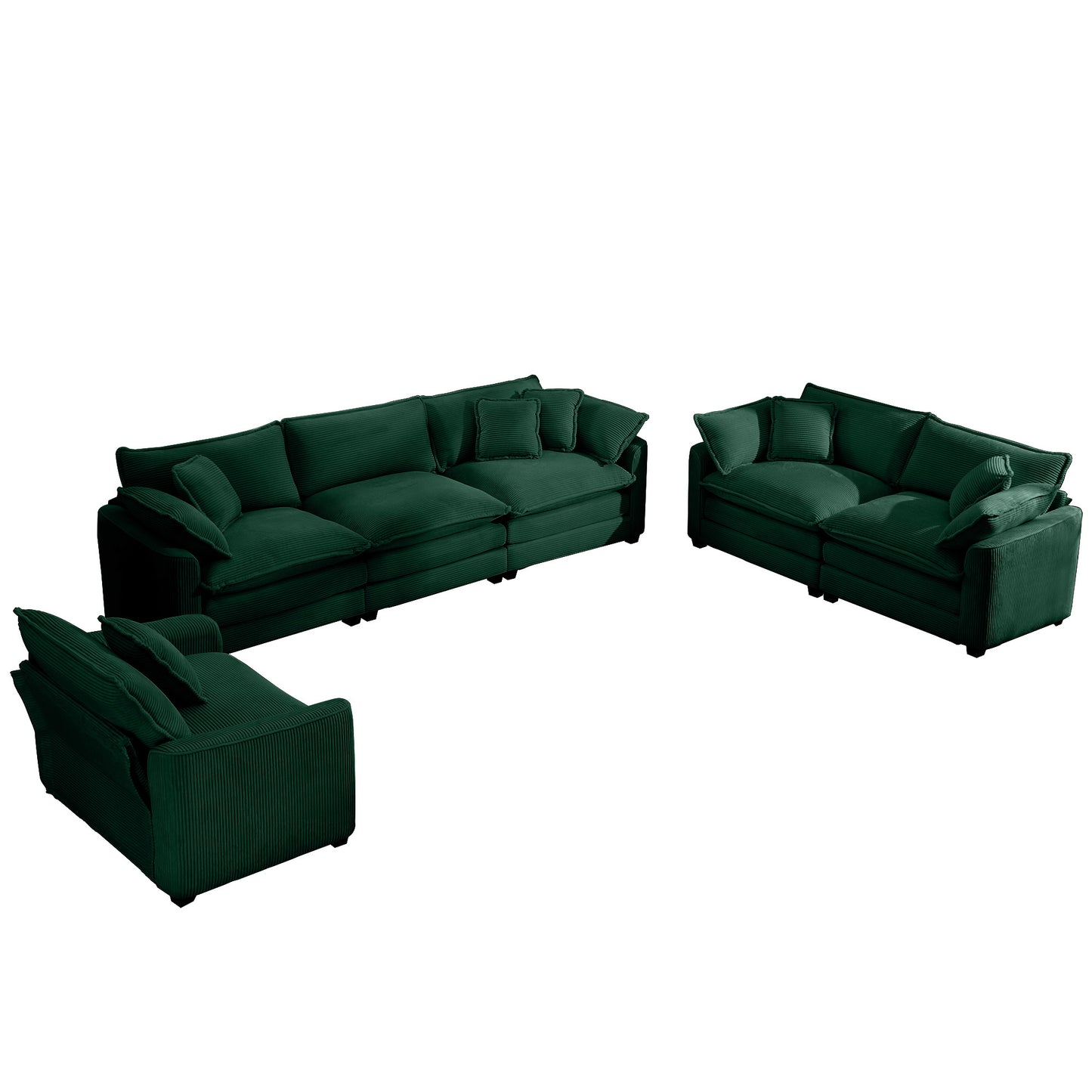 Elegant Green Corduroy Oversized 3 Piece Sectional Sofa Set with Deep Seats and Flexible Layout