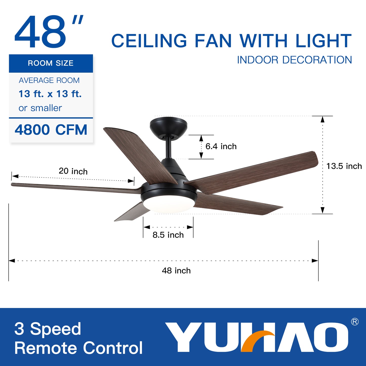 48 In Intergrated LED Ceiling Fan Lighting with Brown Wood Grain ABS Blade