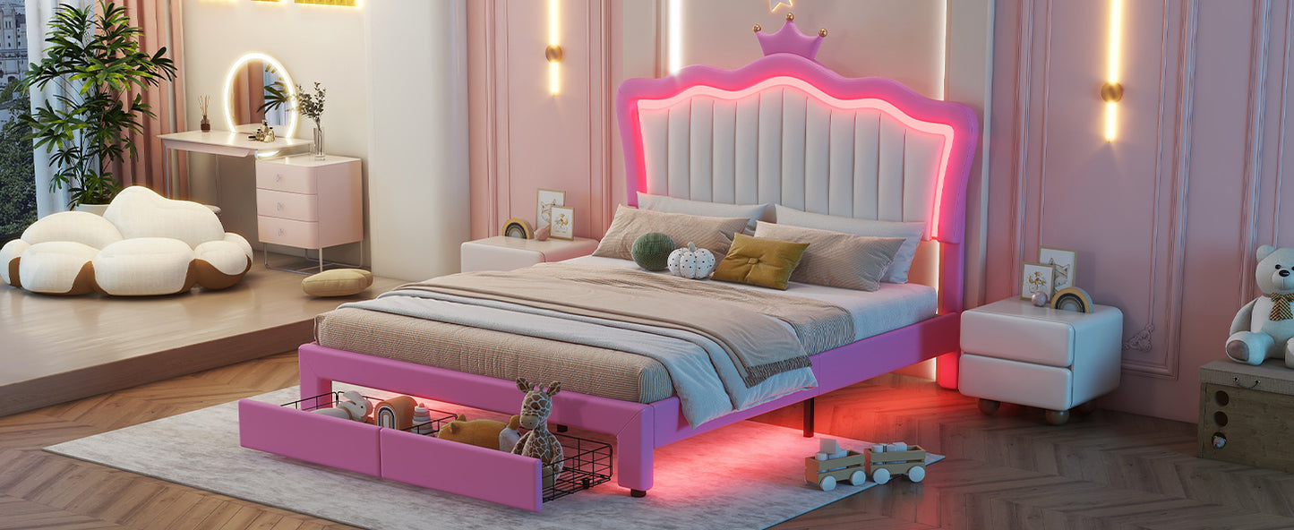 Full Size Upholstered Bed Frame with LED Lights, Modern Upholstered Princess Bed with Crown Headboard, 2 Drawers, Pink+White