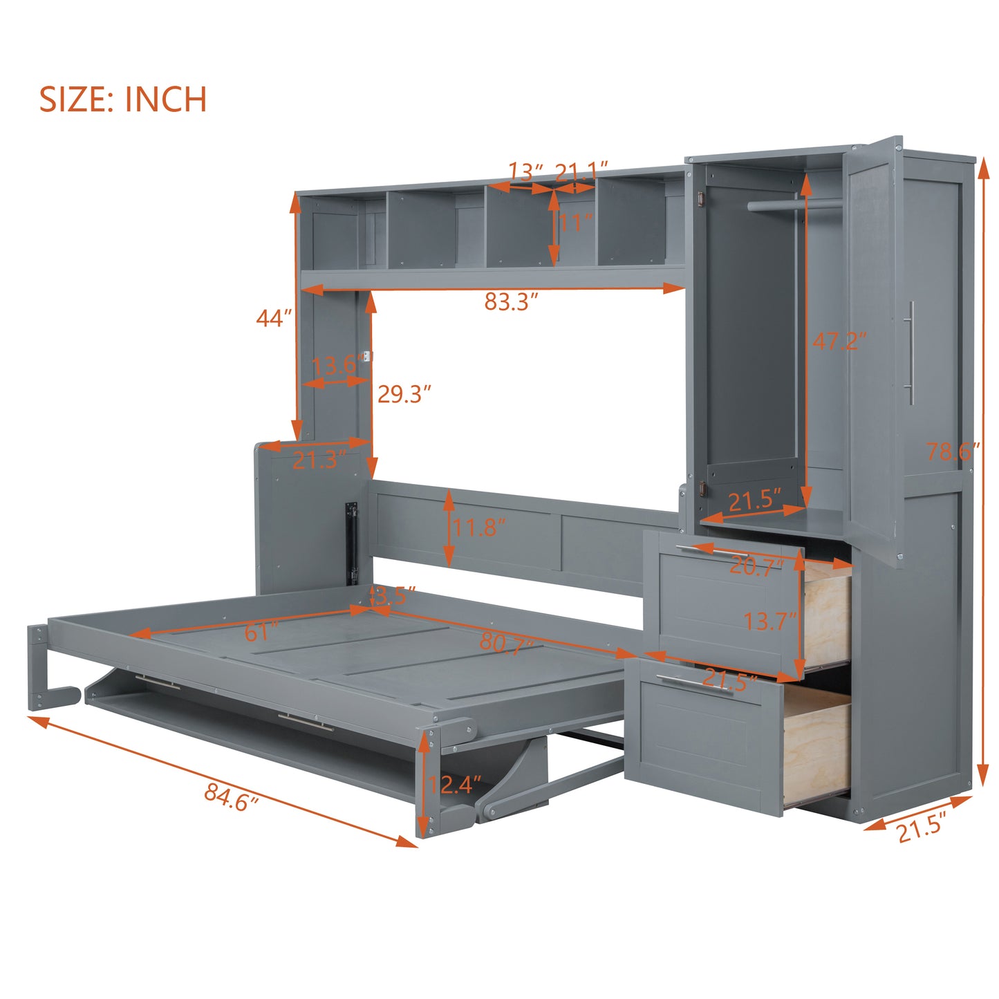 Queen Size Murphy Bed Wall Bed with Closet and Drawers,Gray