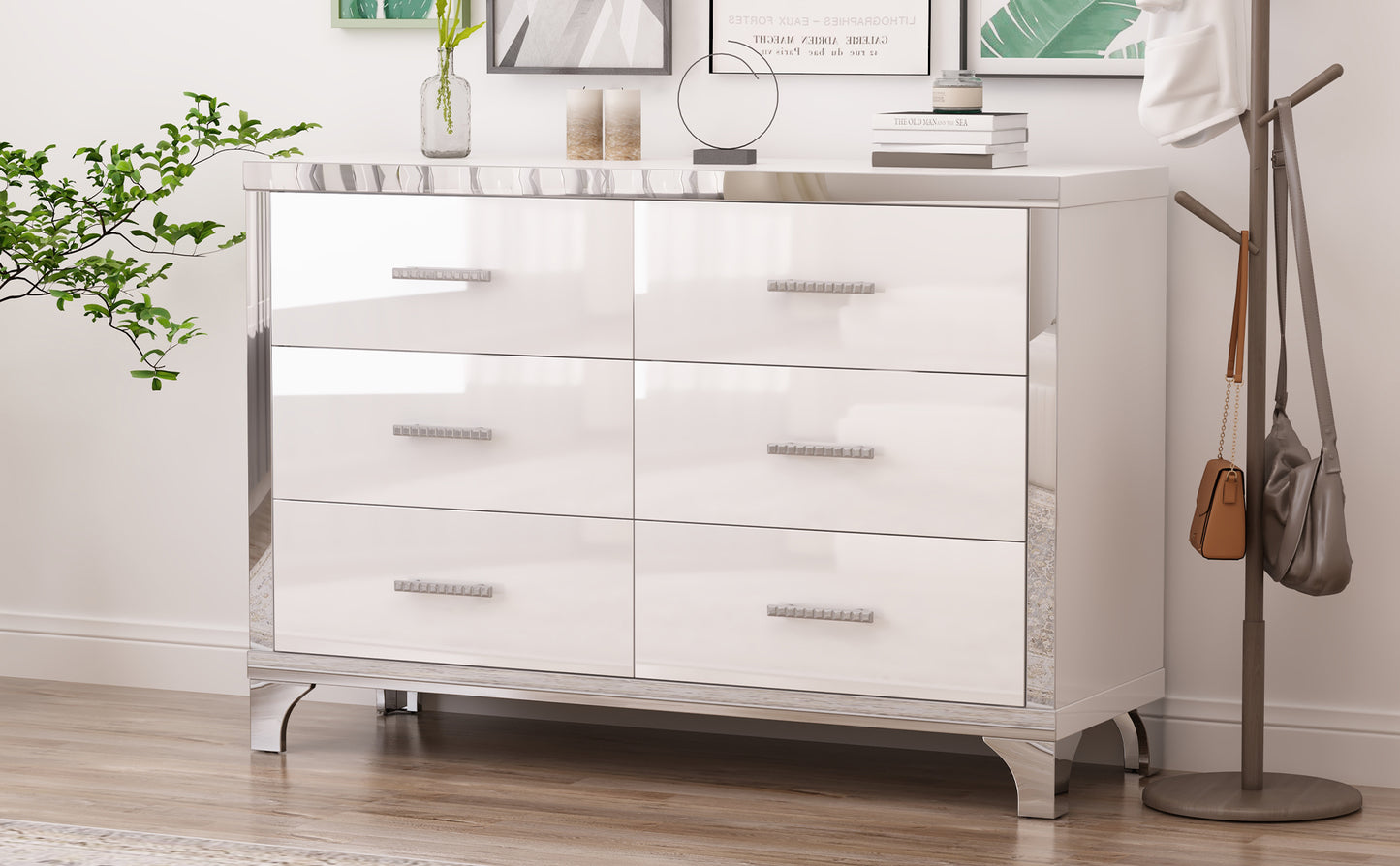 Elegant High Gloss Dresser with Metal Handle,Mirrored Storage Cabinet with 6 Drawers for Bedroom,Living Room,White