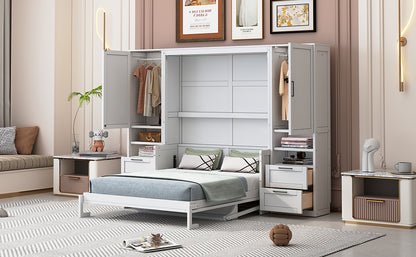 Queen Size Murphy Bed Wall Bed with Closet ,Drawers and Shelves,White