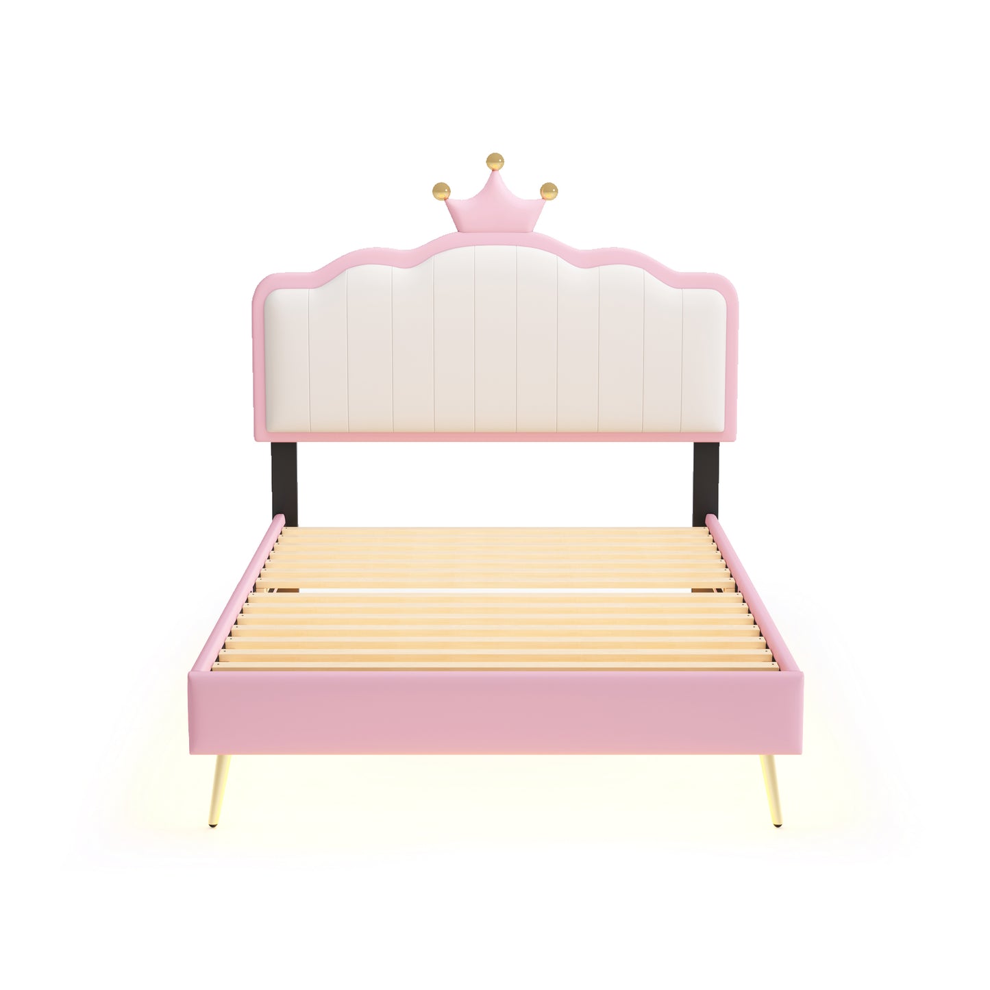 Twin size Upholstered Princess Bed With Crown Headboard,Twin Size Platform Bed with Headboard and Footboard with Light Strips,Golden Metal Legs, White+Pink