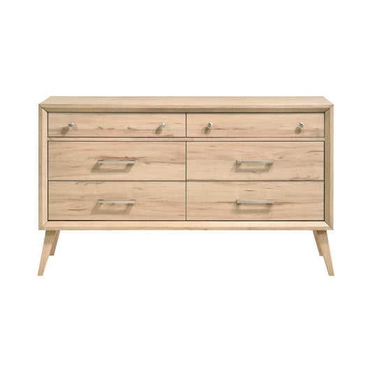 Classic Style Dresser of 6x Drawers Natural Oak Finish Wooden Bedroom Furniture 1pc, Mid-Century Modern Design