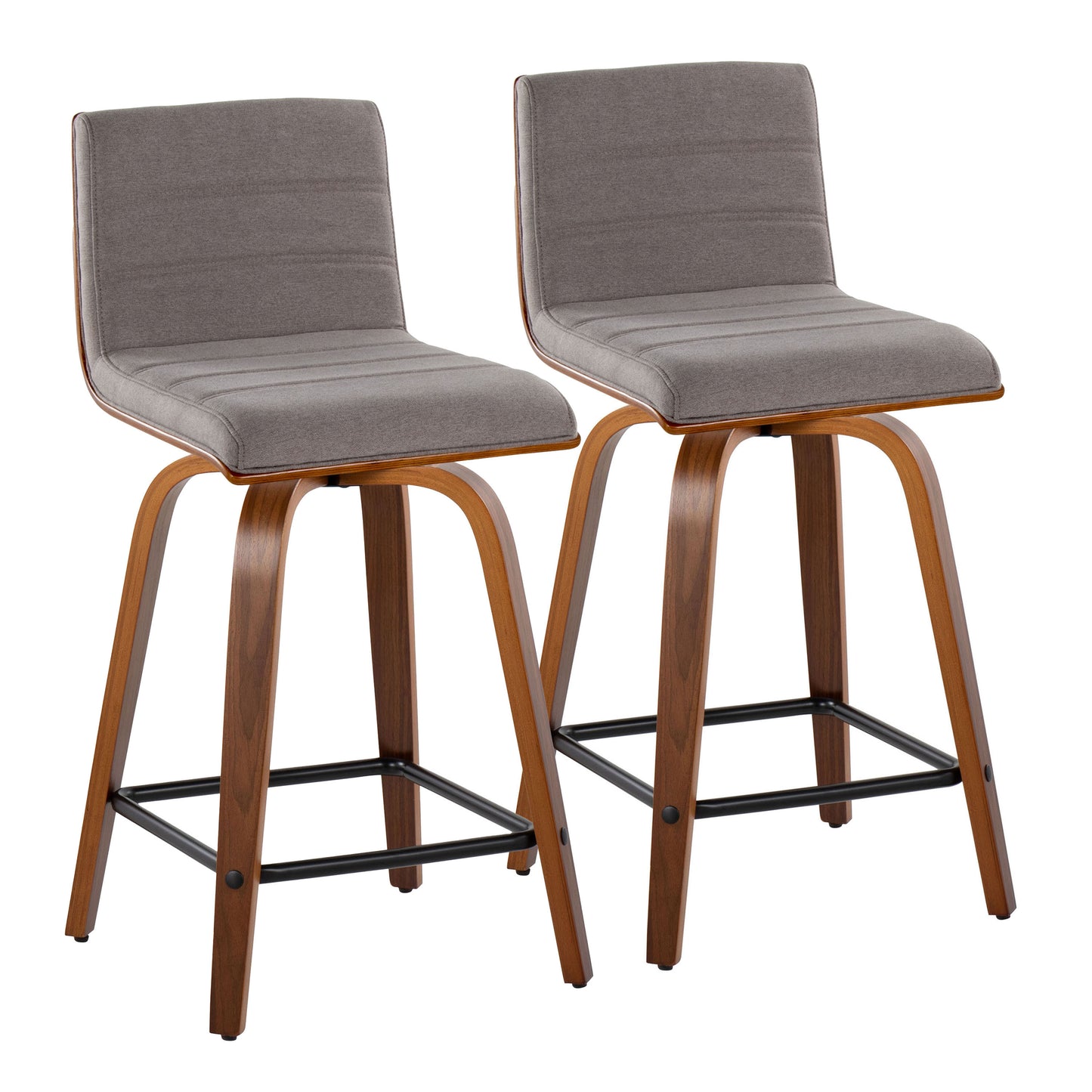 Vasari 24" Mid-Century Modern Fixed-Height Counter Stool with Swivel in Walnut Wood and Grey Fabric with Square Black Metal Footrest by LumiSource - Set of 2