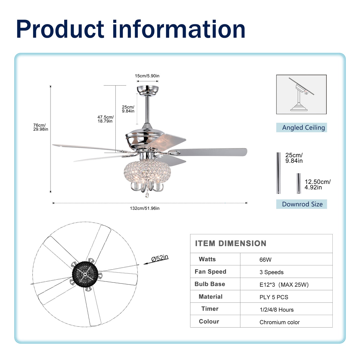 52 inch Crystal Ceiling Fan with Lights Fandelier Chandelier Reversible Blades 3 Wind Speeds Remote Control for Bedroom Living Dining Room--Chrome