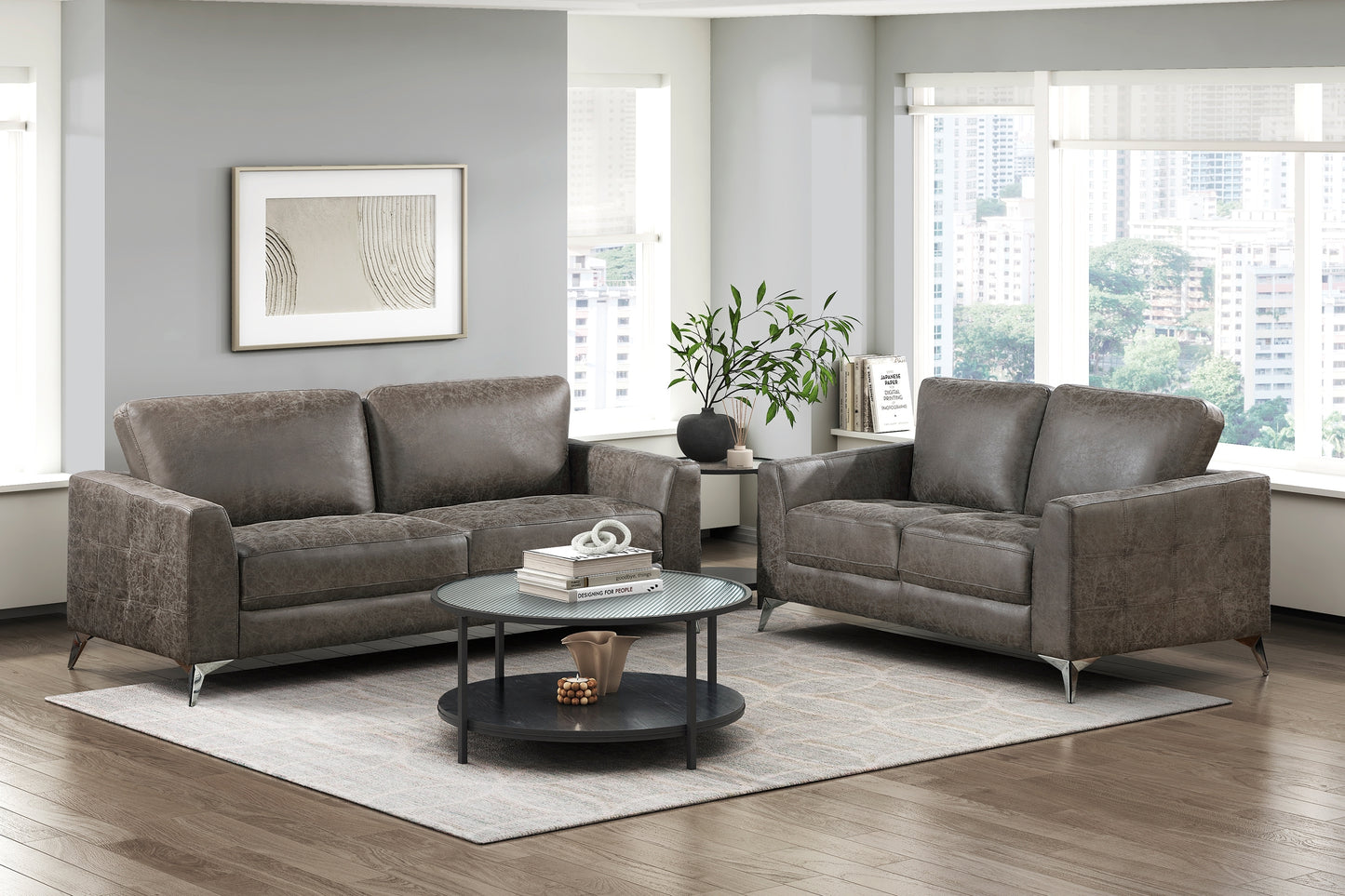 Elegant Modern Style 2pc Sofa Set Brownish Gray Polished Microfiber Upholstery Sofa Loveseat Set Solid Wood Living Room Furniture Silver Finish Metal Legs