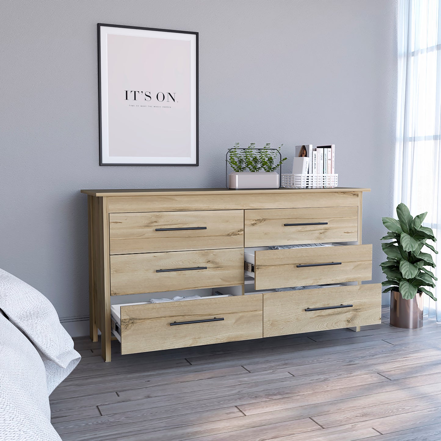 6 Drawer Double Dresser Wezz, Bedroom, Light Oak / White