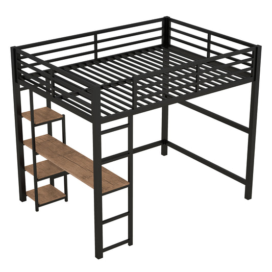 Modern Black Metal Loft Bed with Built-in Desk and Storage Shelves, Full Size