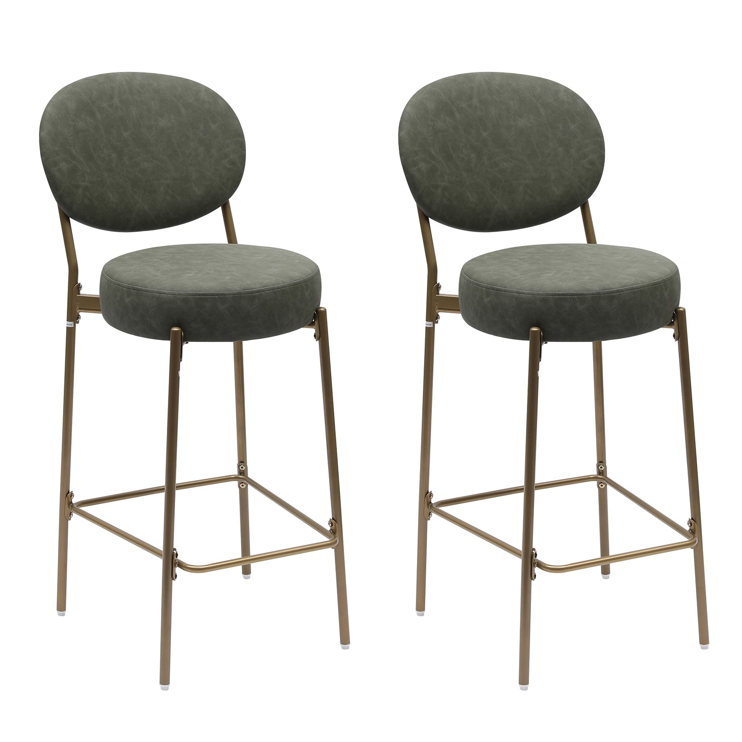 29'' H Seat Height Upholstered Bar Stools Set of 2 Faux Leather Counter Dining Stool with Golden Legs Modern Round Kitchen Chairs (Green)