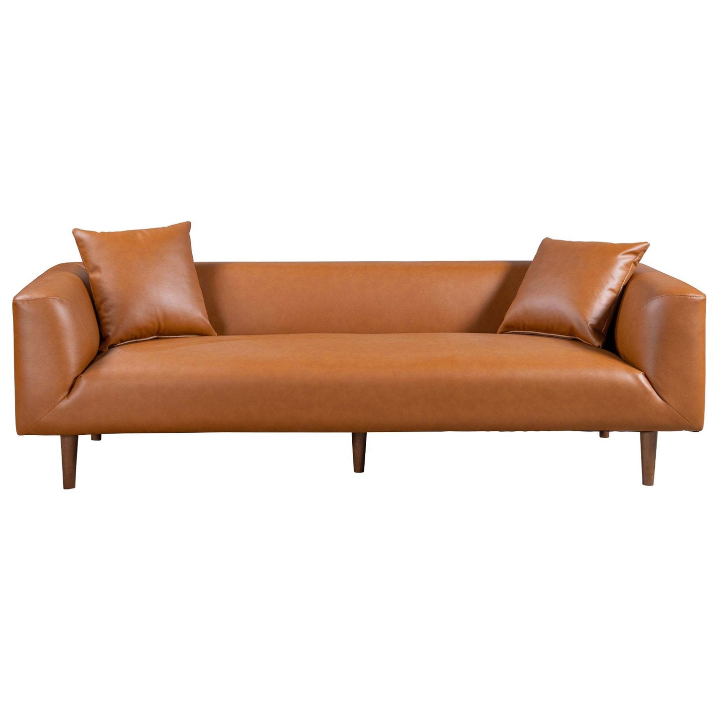 Elwood Contemporary Mid-Century Vegan Leather Sofa in Cognac with Solid Wood Frame and Tapered Legs