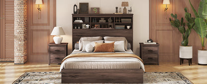 Queen Size Wooden Platform Bed with Storage Headboard,American Country Style Bed with USB Charging Ports,Dark Walnut