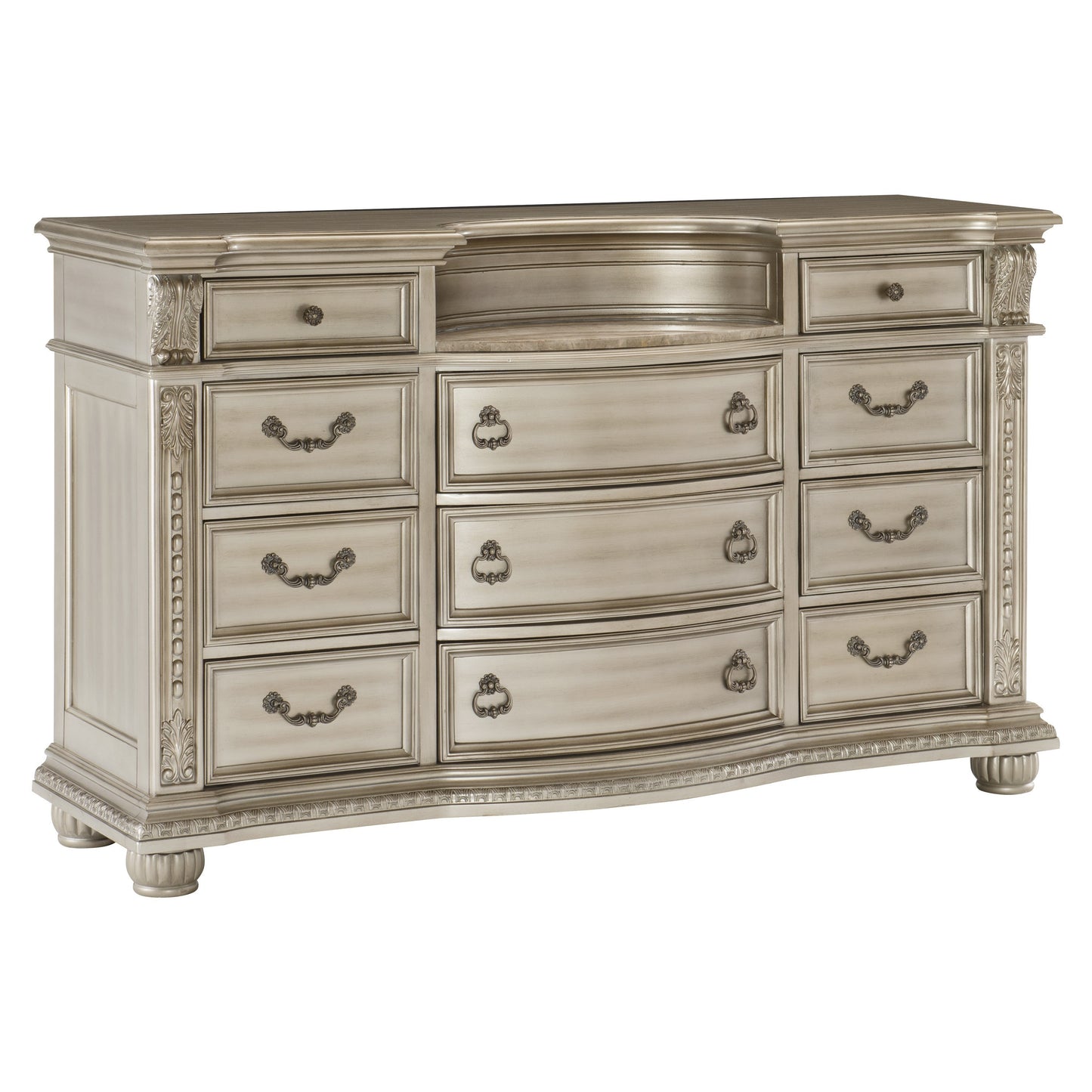 Silver Finish European Design 1pc Luxury Dresser with 11 Drawers Genuine Marble Insert Traditional Bedroom Furniture