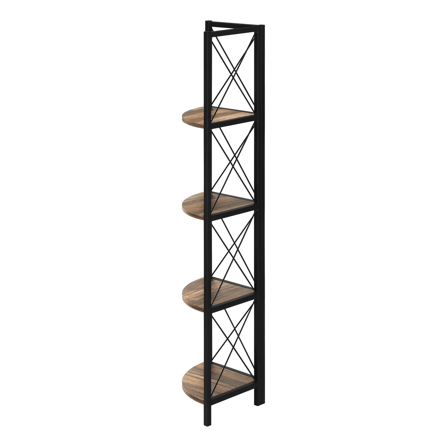 Bookshelf, Bookcase, Etagere, Corner, 4 Tier, 60"h, Office, Bedroom, Brown Laminate, Black Metal, Contemporary, Modern