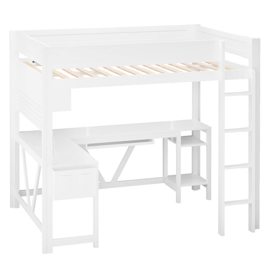 Wood Full Size Gaming Loft Bed with Desk, Storage Shelves, LED and Charging Station in White, Pine Wood+MDF, 80.7''L x 56.1''W x 70.9''H