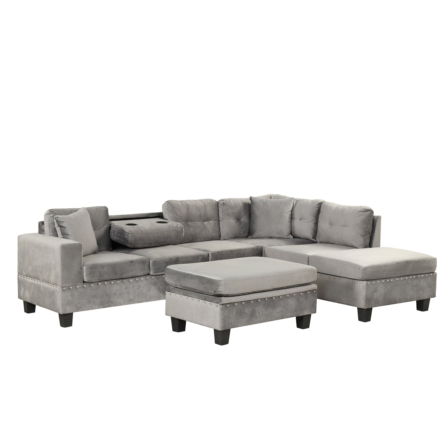 105" Modern Sectional Sofa with Storage Ottoman, L-Shape Couch with 2 Pillows and Cup Holder,Sectional Sofa with Reversible Chaise for Living Room,Gray