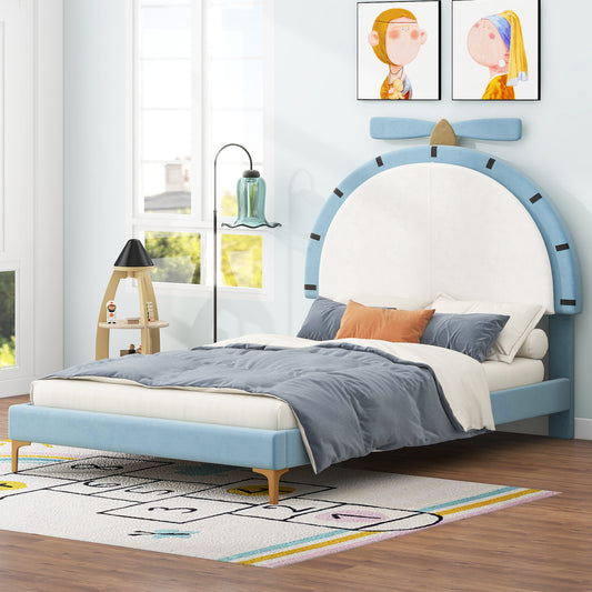 Twin Size Upholstered Platform Bed with Alarm Clock Shaped Headboard, Blue