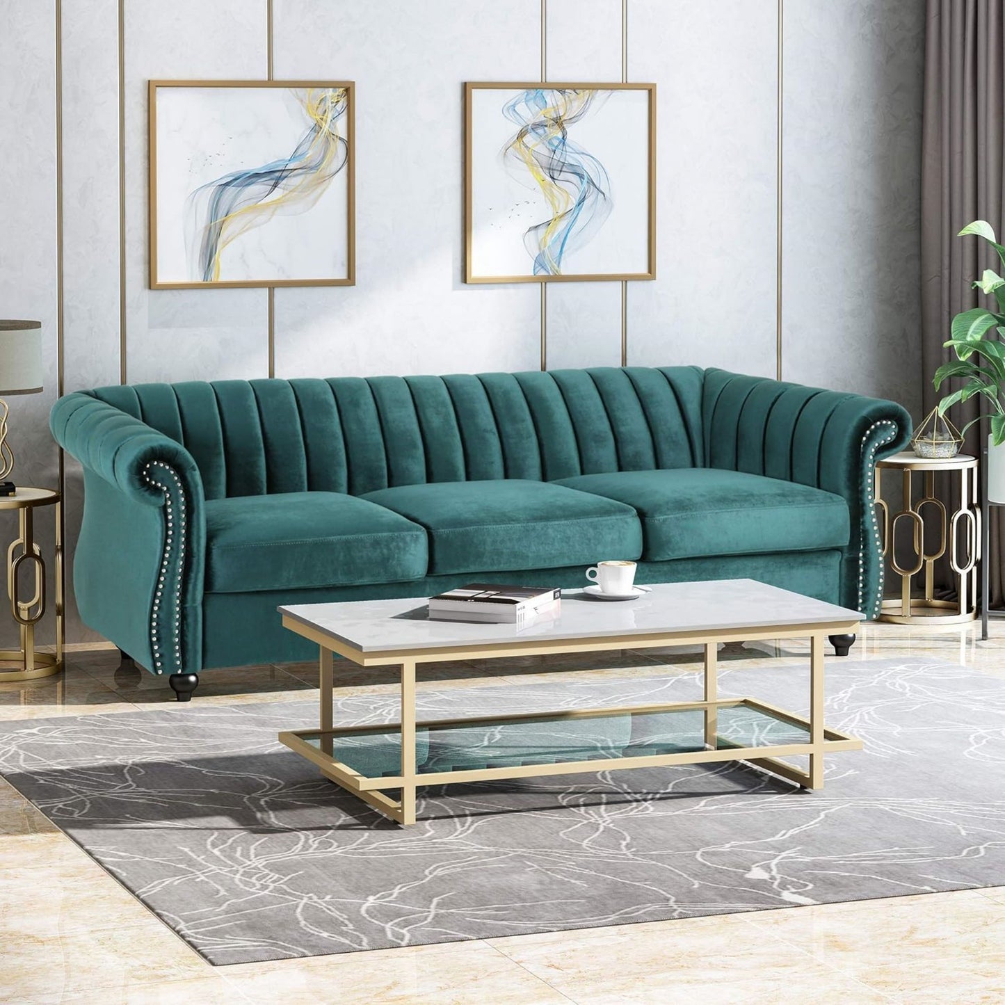 84-Inch Teal 3-Seater Velvet Sofa – Button Tufted with Nailhead Trim, Curved Backrest, and Rolled Arms, Stylish and Elegant Couch for Modern Living Rooms, Durable Upholstery, Luxury Design