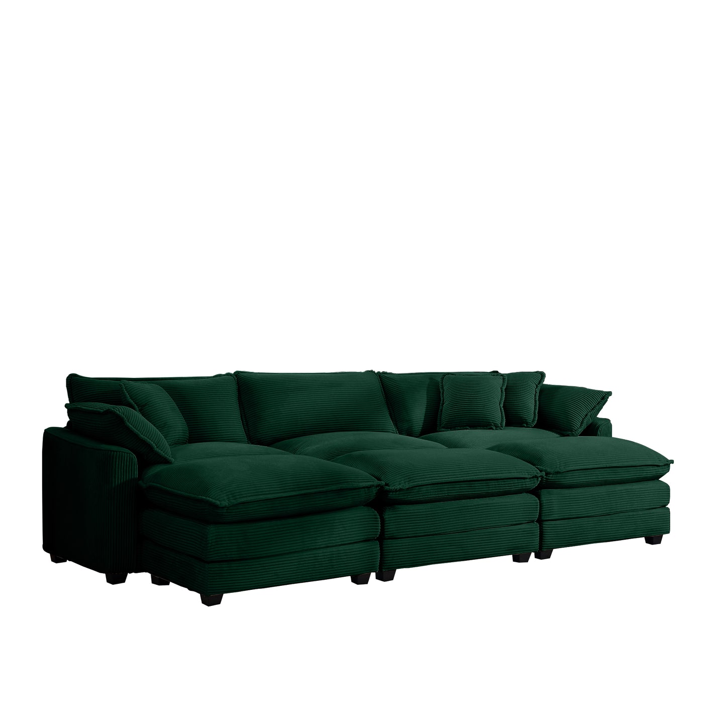 Oversized Modular Cushion Sofa Set with Portable Ottoman, Green Corduroy, L-Shaped Low Back Deep Seating