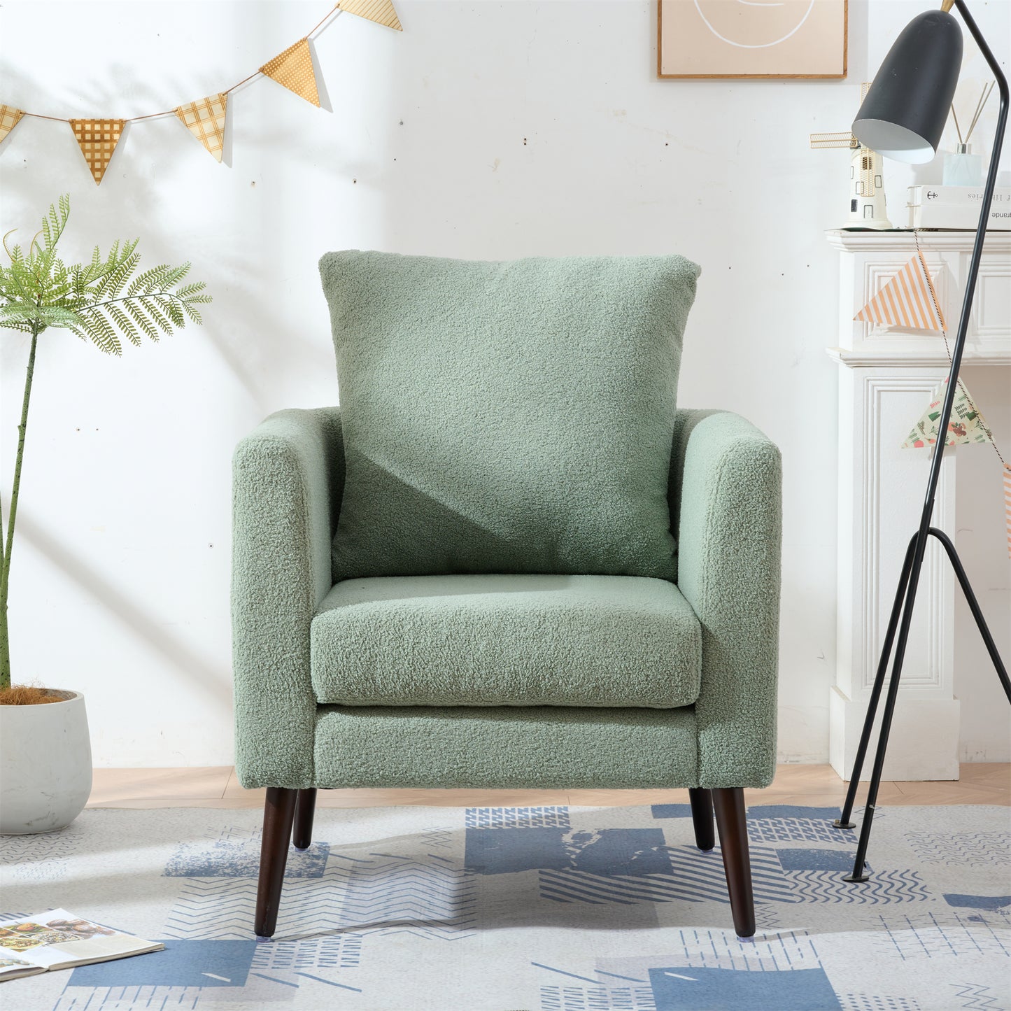Modern Accent Chair, Upholstered Armchair for Living Room ,Mid Century Fabric Lounge Chair w/ Pillow, Comfortable Reading Chair with Wood Legs for Living Room, Bedroom,Reception Room (Light Green)