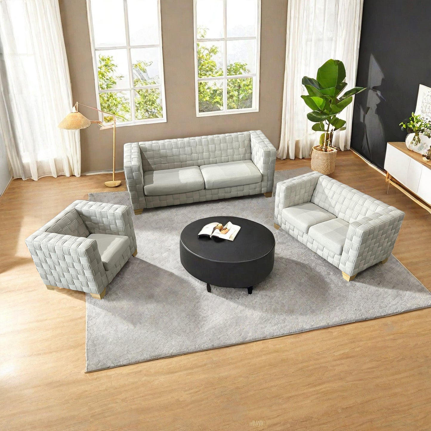 FX-D1 SOFA SET Include Chair Loveseat And Sofa Light Beige ColorLinen & Oak Natural Wood color sofa legs