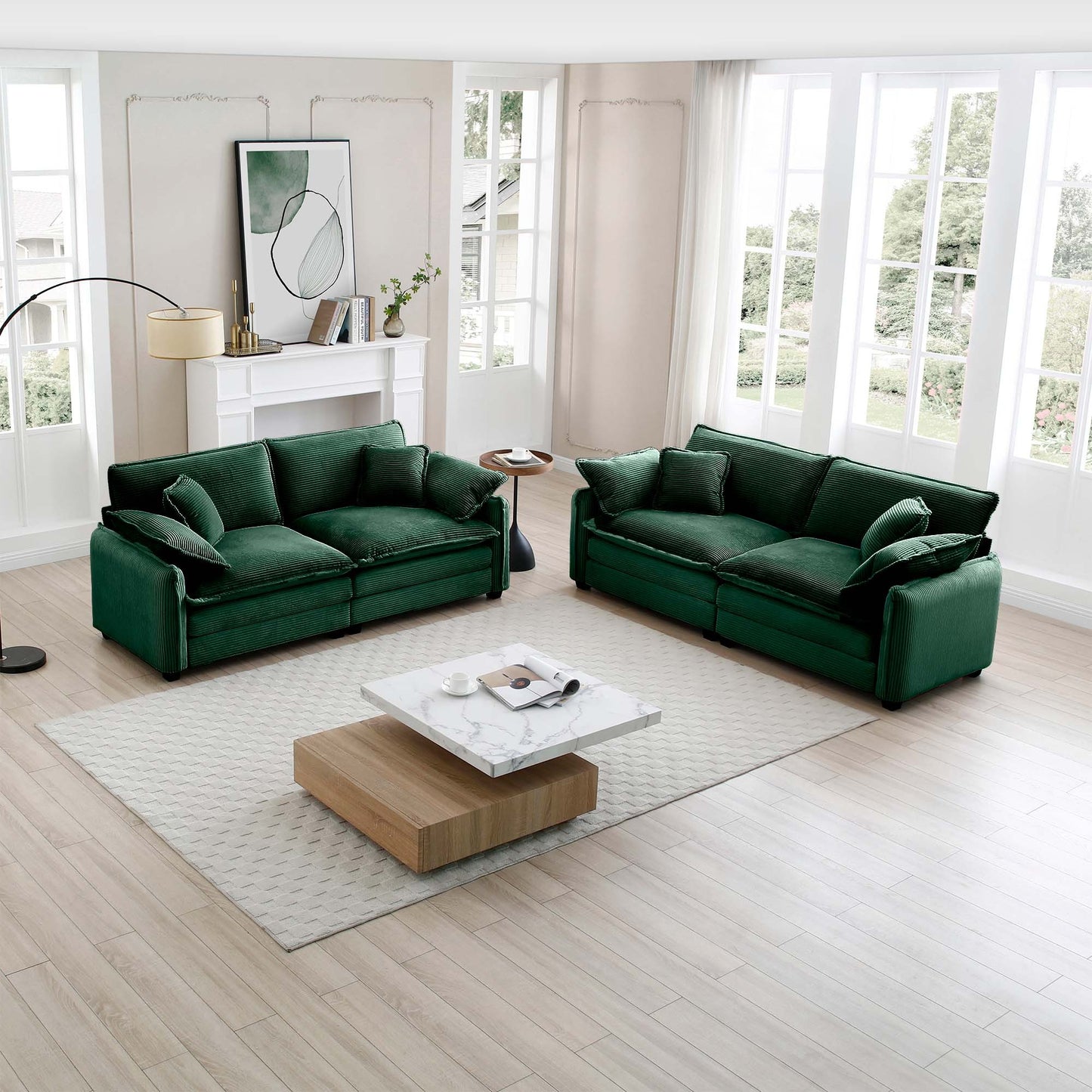 Modern Living Room Sofa Two-Piece Set, Suitable for Living room and Bedroom Sofa Set, Consists of two pieces of 2 Seater Sofa,Green Corduroy