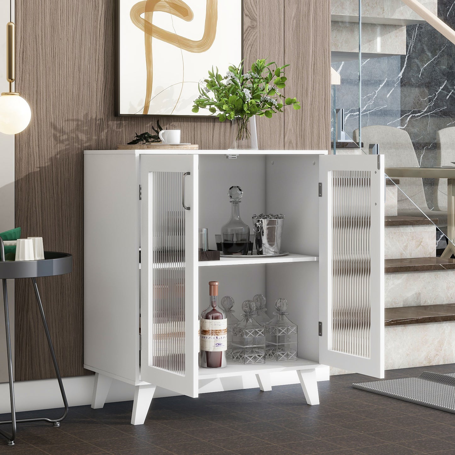 Modern Living Room Cabinet Storage Organizer with 2 Glass Doors and Adjustable Shelf White