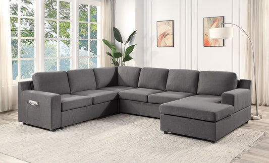 Waylon 119.5" Gray Linen 6-Seater U-Shape Sectional Sofa Chaise and Pocket