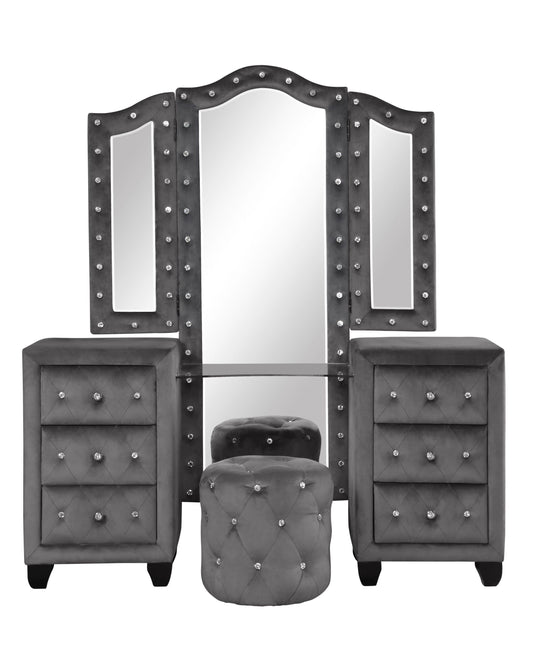 Modern Style Crystal Tufted Upholstery 6-Drawer Vanity Set with Stool, finished with Velvet Fabric made with Wood in Gray