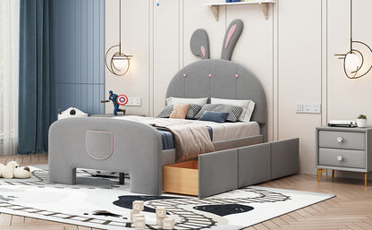 Twin Size Velvet Platform Bed with Rabbit-Shaped Headboard, with Drawers, with Bed-End Storage Pocket, Gray