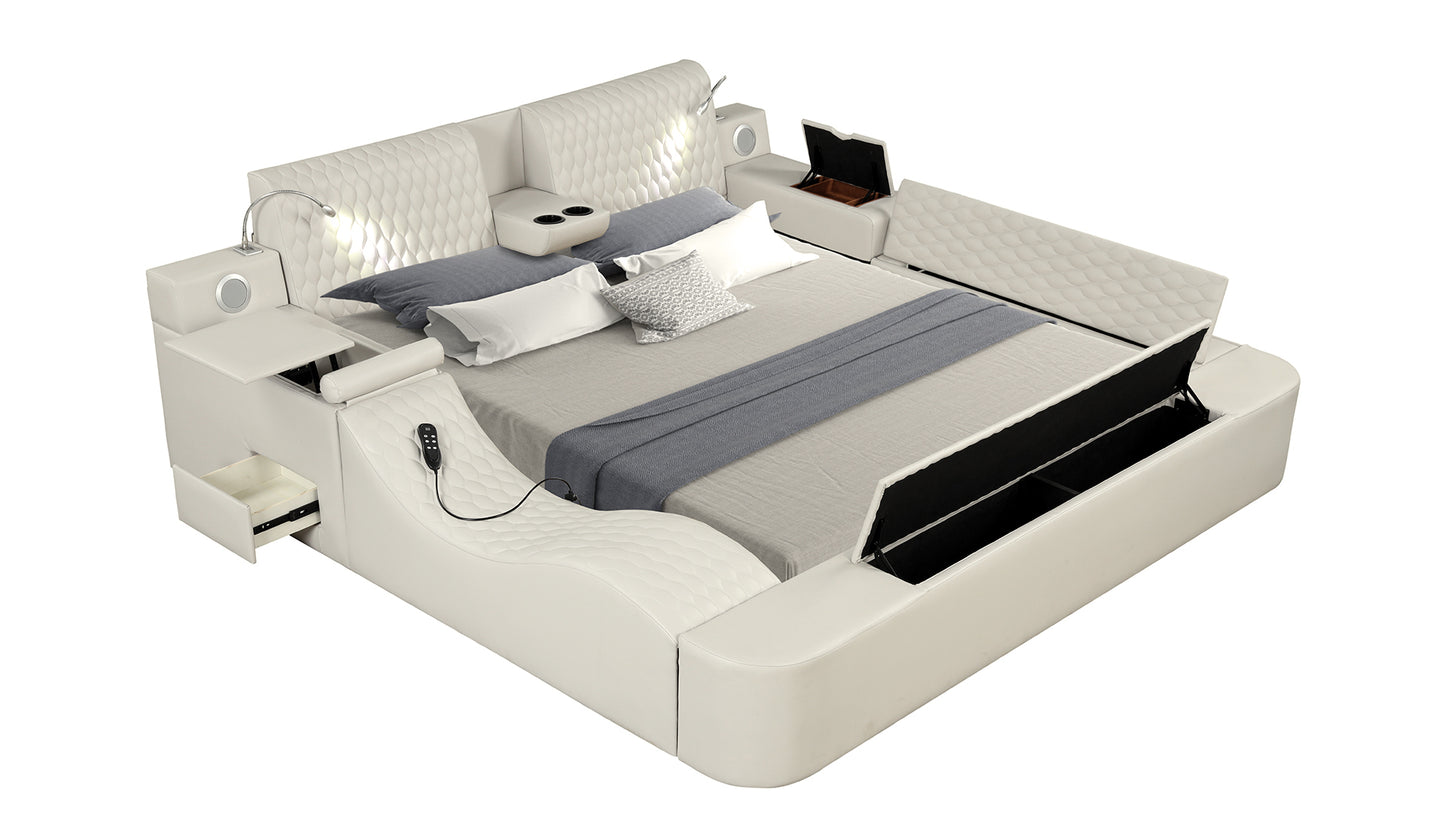 Smart Multifunctional King Size Bed Made with Wood in Beige
